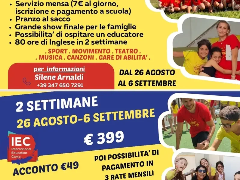 La scuola primaria Patronato Leone XIII ospiterà la seconda edizione del Summer Camp dell'associazione IEC #internationaleducationcamp . Un'esperienza immersiva di lingua inglese con tutors madrelingua con esperienza nel campo educativo e teatrale. Un'opportunità per i bambini di vivere l'apprendimento linguistico e i valori educativi e di relazione in modo divertente e coinvolgente e in un ambiente internazionale. Per info contattare l'insegnante referente Ms Silene Arnaldi 3476507291.